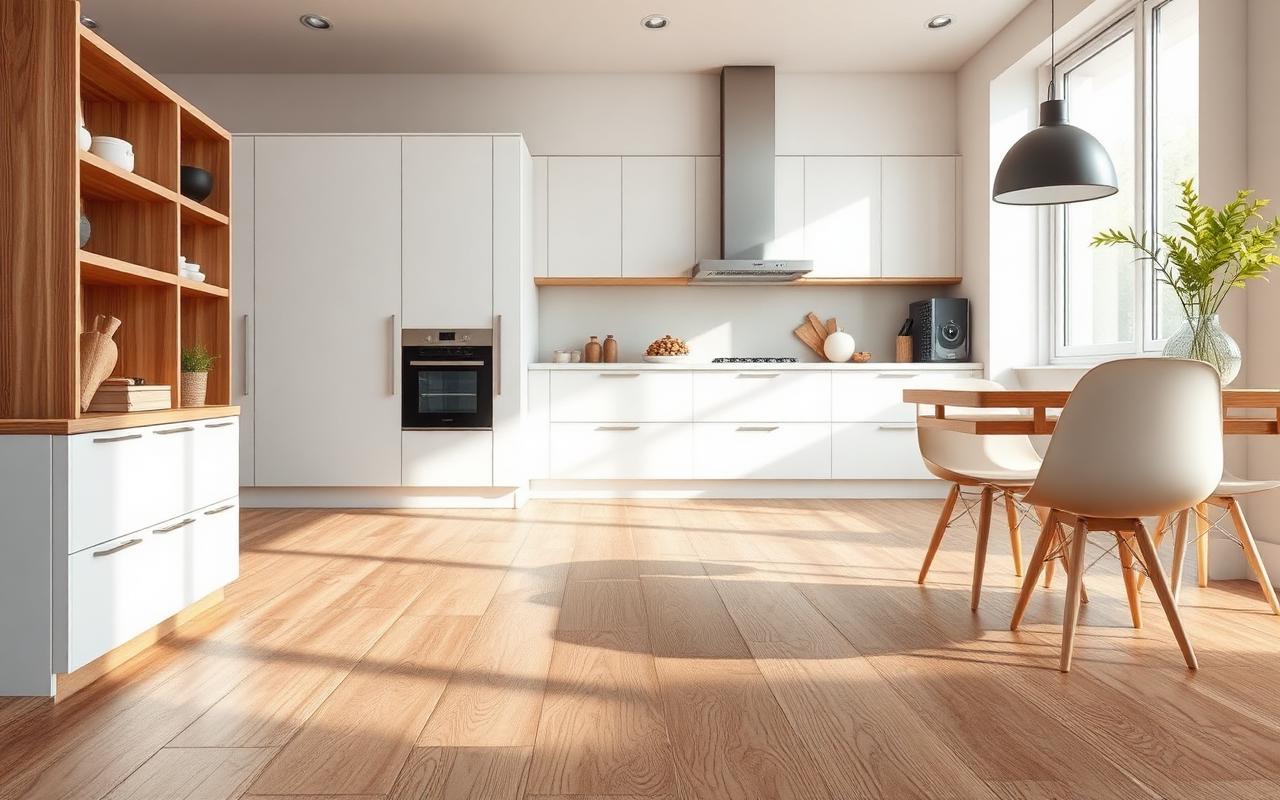 Detail dekoru laminátové podlahy v moderní kuchyni