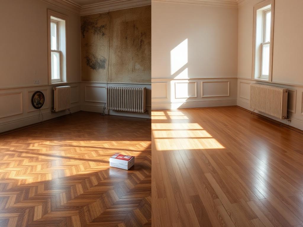 Porovnání staré a nově zrenovované parketové podlahy